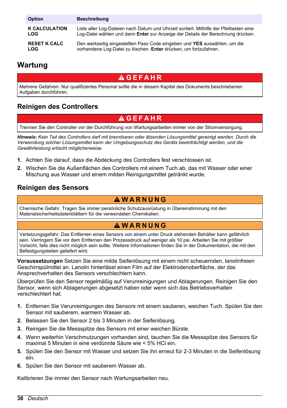 Wartung, Reinigen des controllers, Reinigen des sensors | Hach-Lange POLYMETRON 9526 User Manual | Page 38 / 224