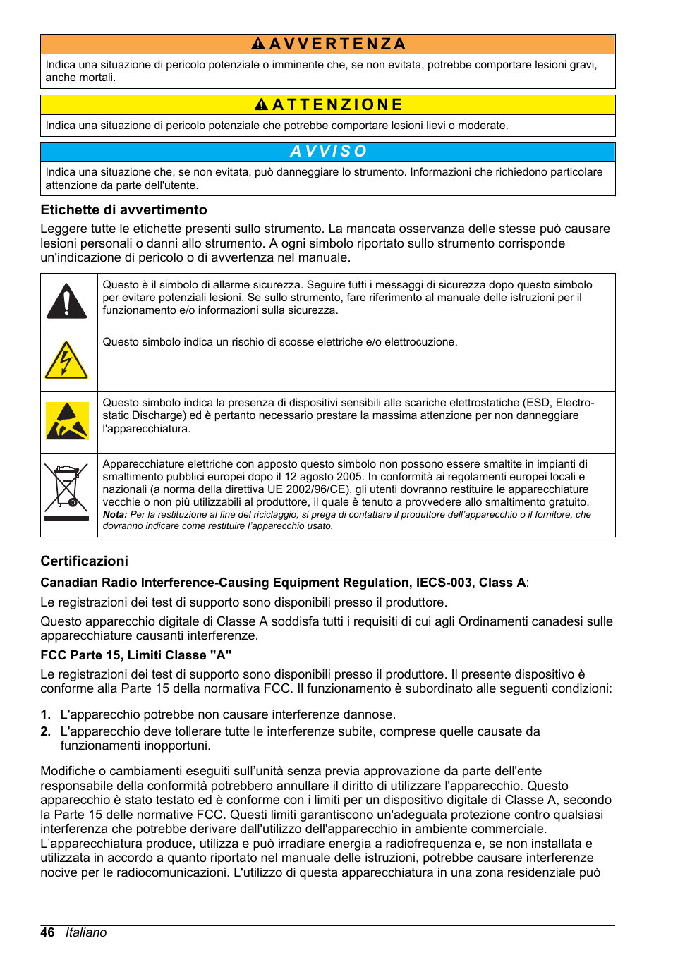 Etichette di avvertimento, Certificazioni | Hach-Lange POLYMETRON 9526 User Manual | Page 46 / 224