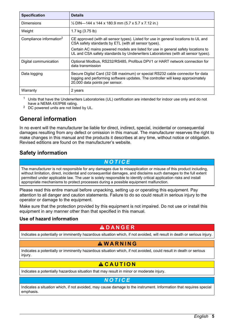 General information, Safety information, Use of hazard information | Hach-Lange POLYMETRON 9526 User Manual | Page 5 / 224