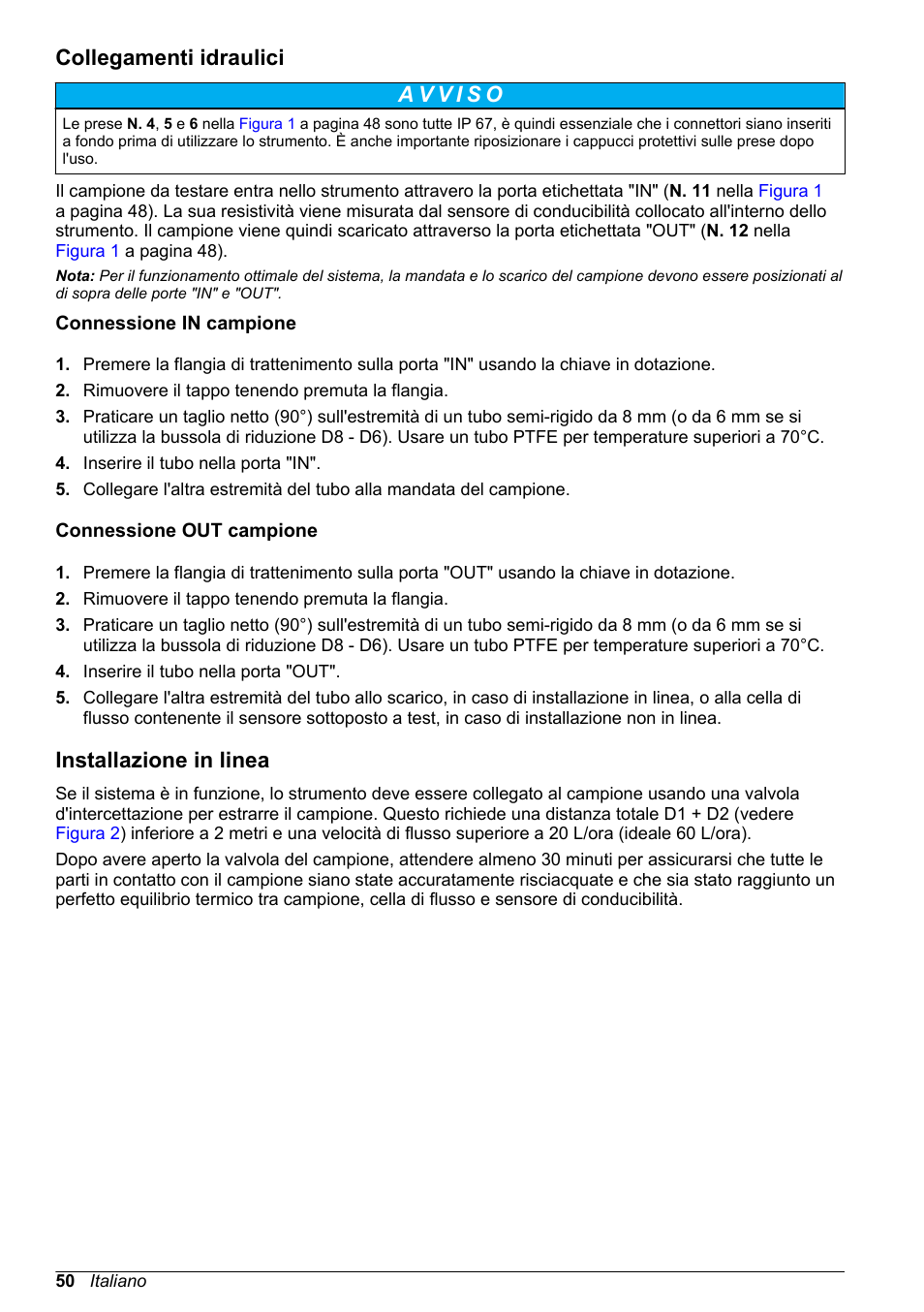 Collegamenti idraulici, Connessione in campione, Connessione out campione | Installazione in linea | Hach-Lange POLYMETRON 9526 User Manual | Page 50 / 224