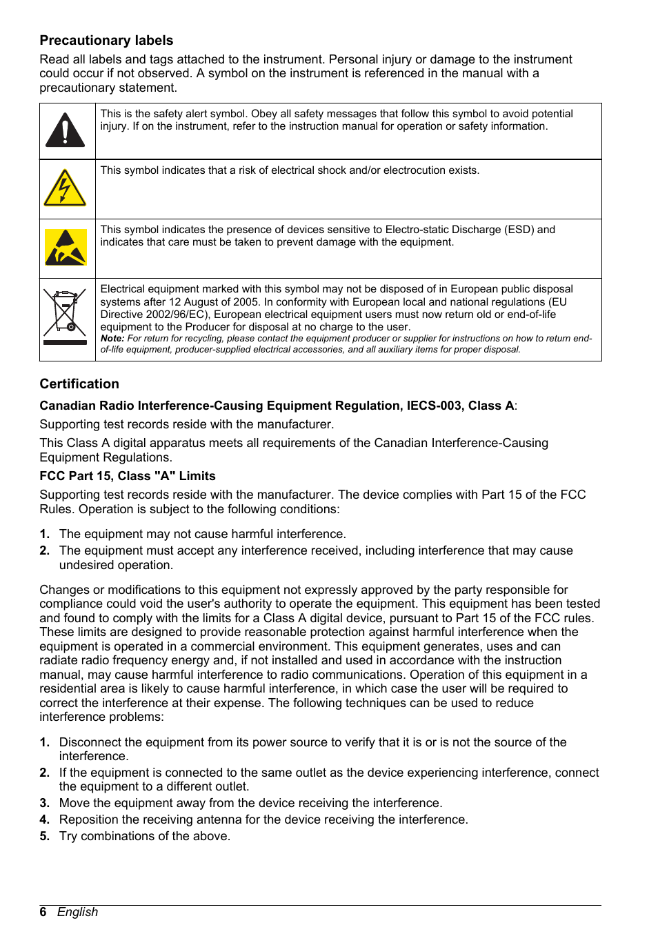 Precautionary labels, Certification | Hach-Lange POLYMETRON 9526 User Manual | Page 6 / 224