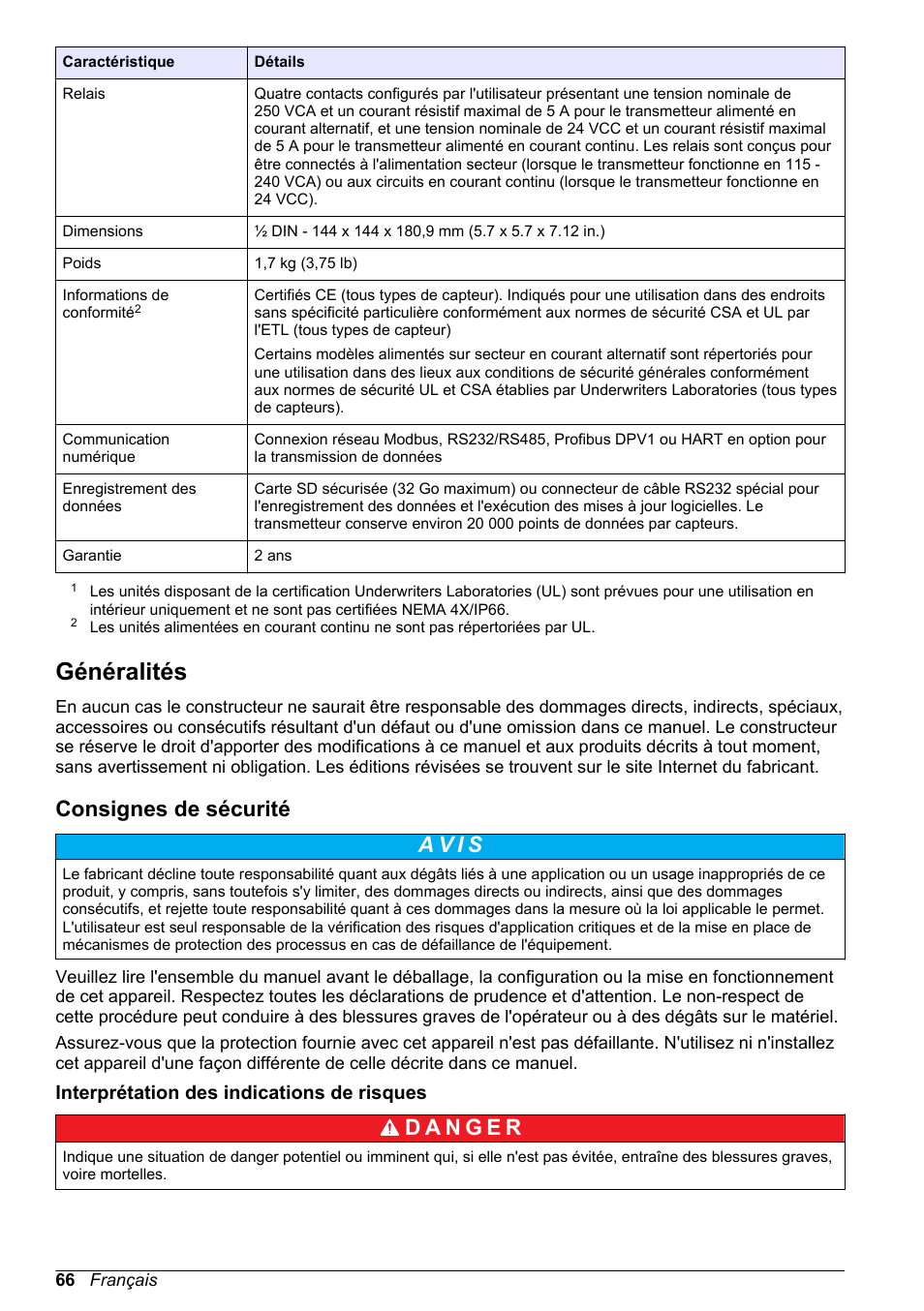 Généralités, Consignes de sécurité, Interprétation des indications de risques | Hach-Lange POLYMETRON 9526 User Manual | Page 66 / 224