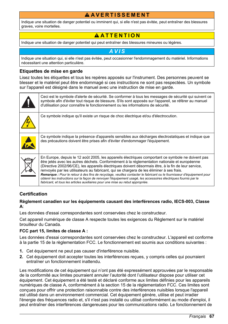 Etiquettes de mise en garde, Certification, A v i s | Hach-Lange POLYMETRON 9526 User Manual | Page 67 / 224