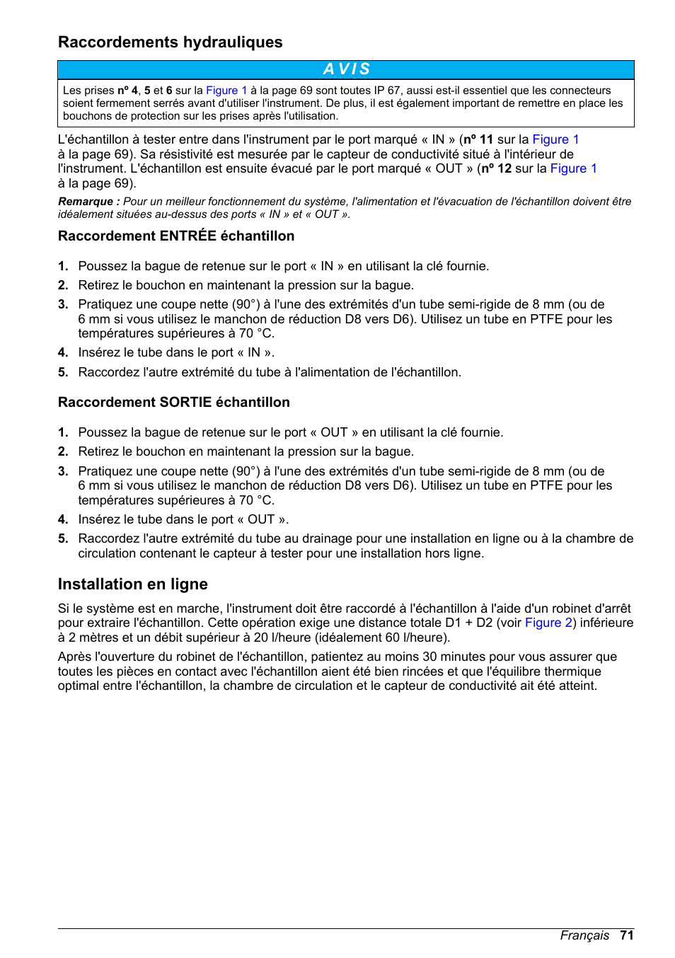 Raccordements hydrauliques, Raccordement entrée échantillon, Raccordement sortie échantillon | Installation en ligne | Hach-Lange POLYMETRON 9526 User Manual | Page 71 / 224
