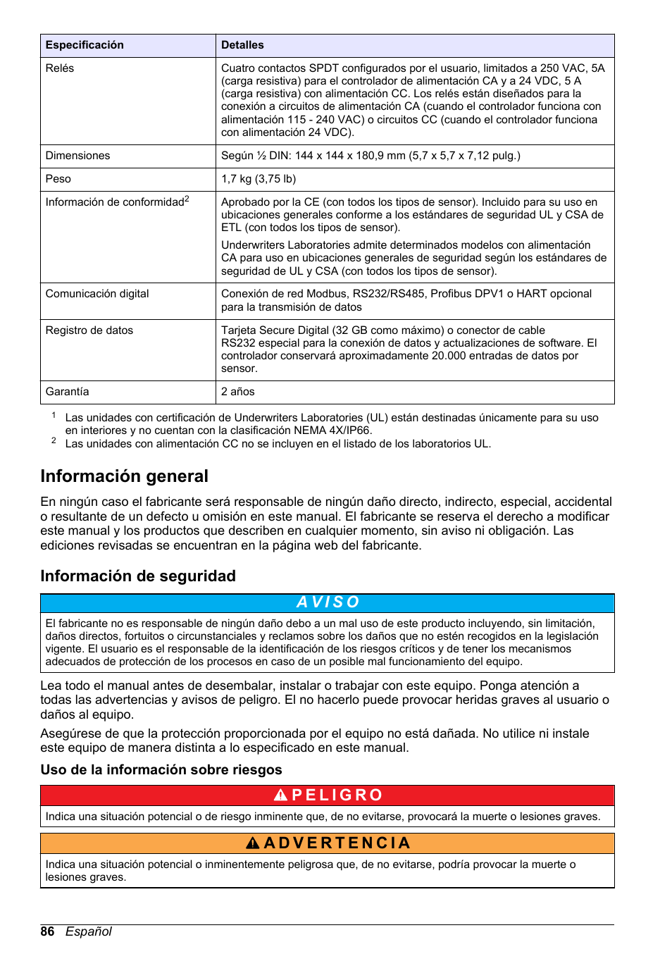 Información general, Información de seguridad, Uso de la información sobre riesgos | Hach-Lange POLYMETRON 9526 User Manual | Page 86 / 224