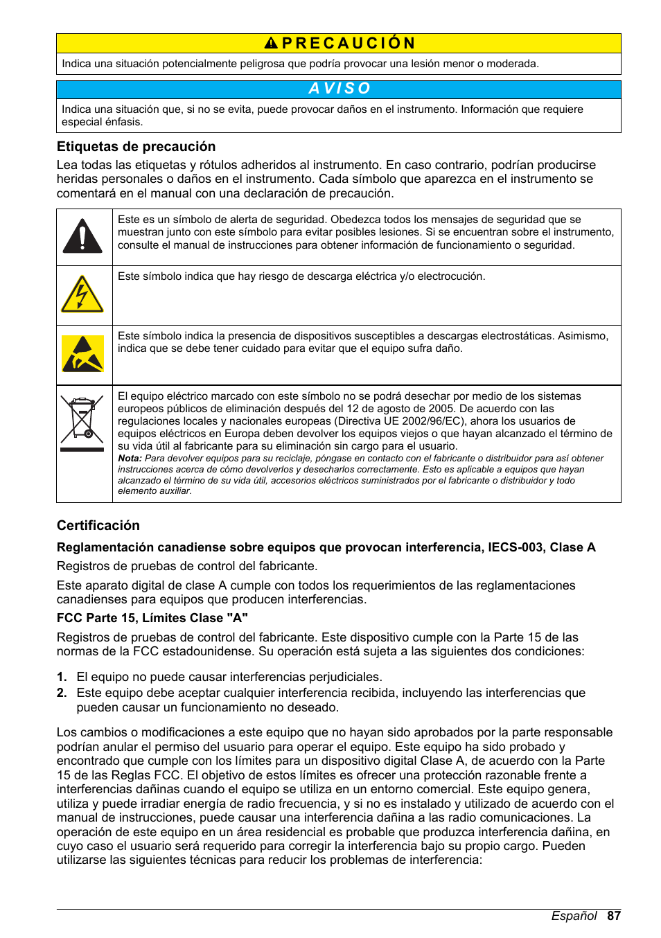Etiquetas de precaución, Certificación | Hach-Lange POLYMETRON 9526 User Manual | Page 87 / 224