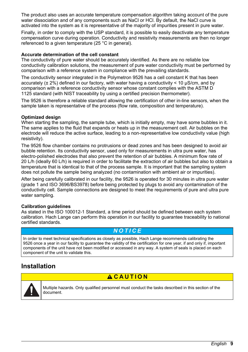 Accurate determination of the cell constant, Optimized design, Calibration guidelines | Installation | Hach-Lange POLYMETRON 9526 User Manual | Page 11 / 34