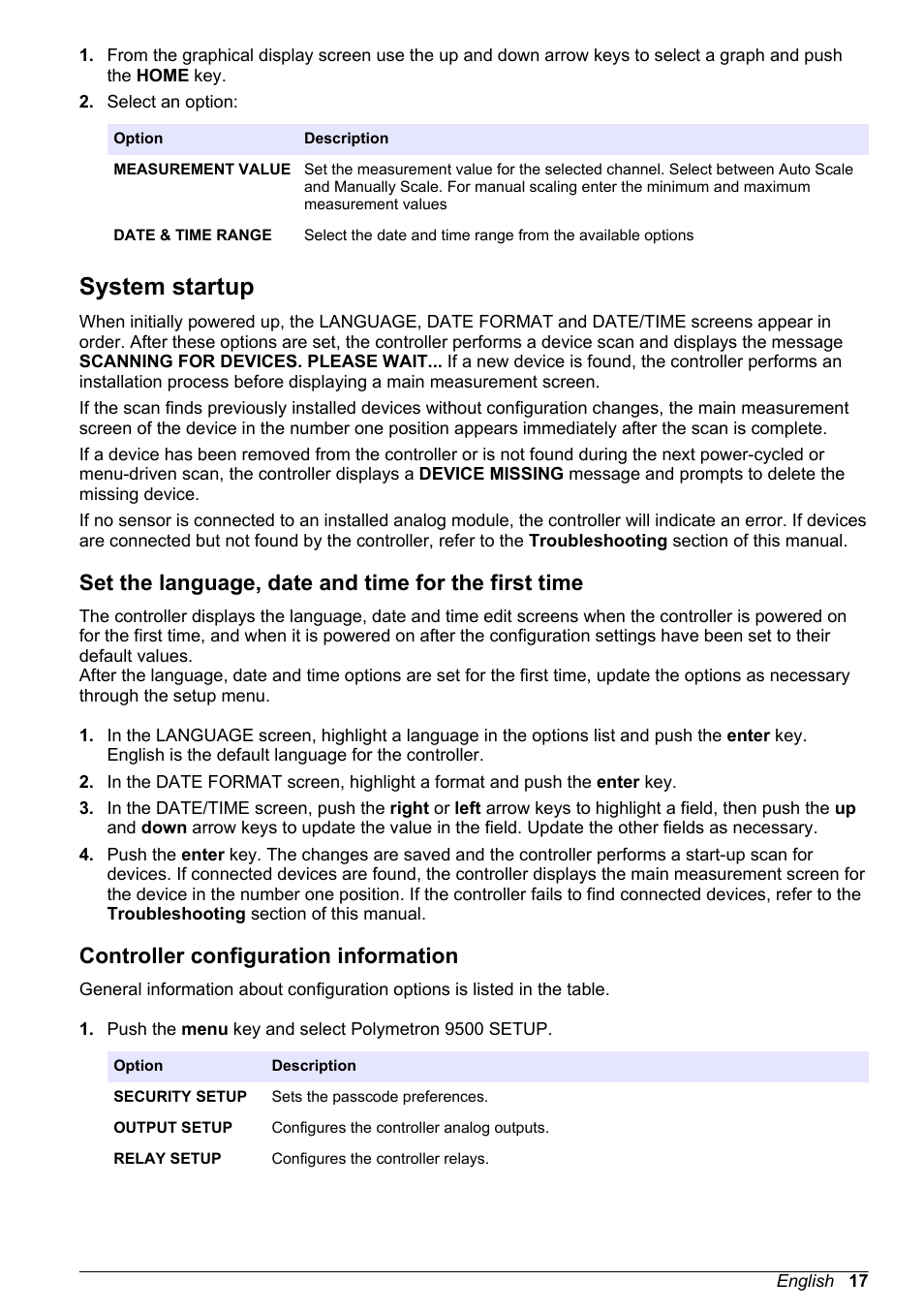 System startup, Set the language, date and time for the first time, Controller configuration information | Hach-Lange POLYMETRON 9526 User Manual | Page 19 / 34
