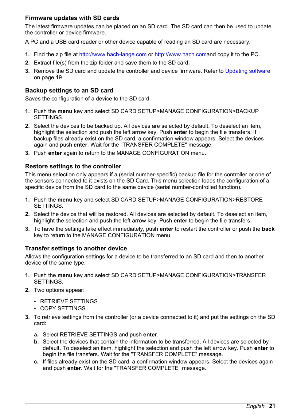 Firmware updates with sd cards, Backup settings to an sd card, Restore settings to the controller | Transfer settings to another device | Hach-Lange POLYMETRON 9526 User Manual | Page 23 / 34