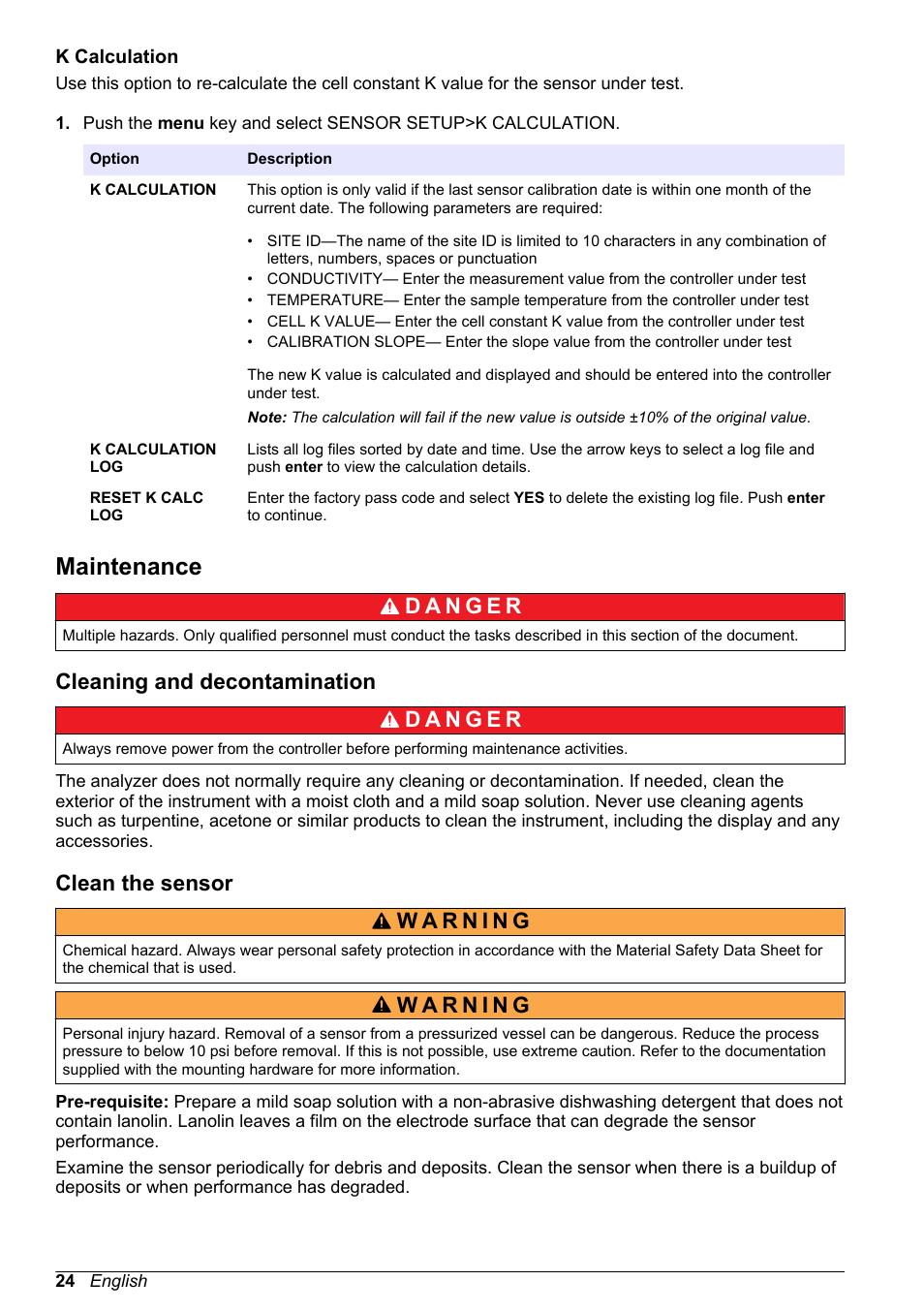 K calculation, Maintenance, Cleaning and decontamination | Clean the sensor, Cleaning and decontamination clean the sensor | Hach-Lange POLYMETRON 9526 User Manual | Page 26 / 34