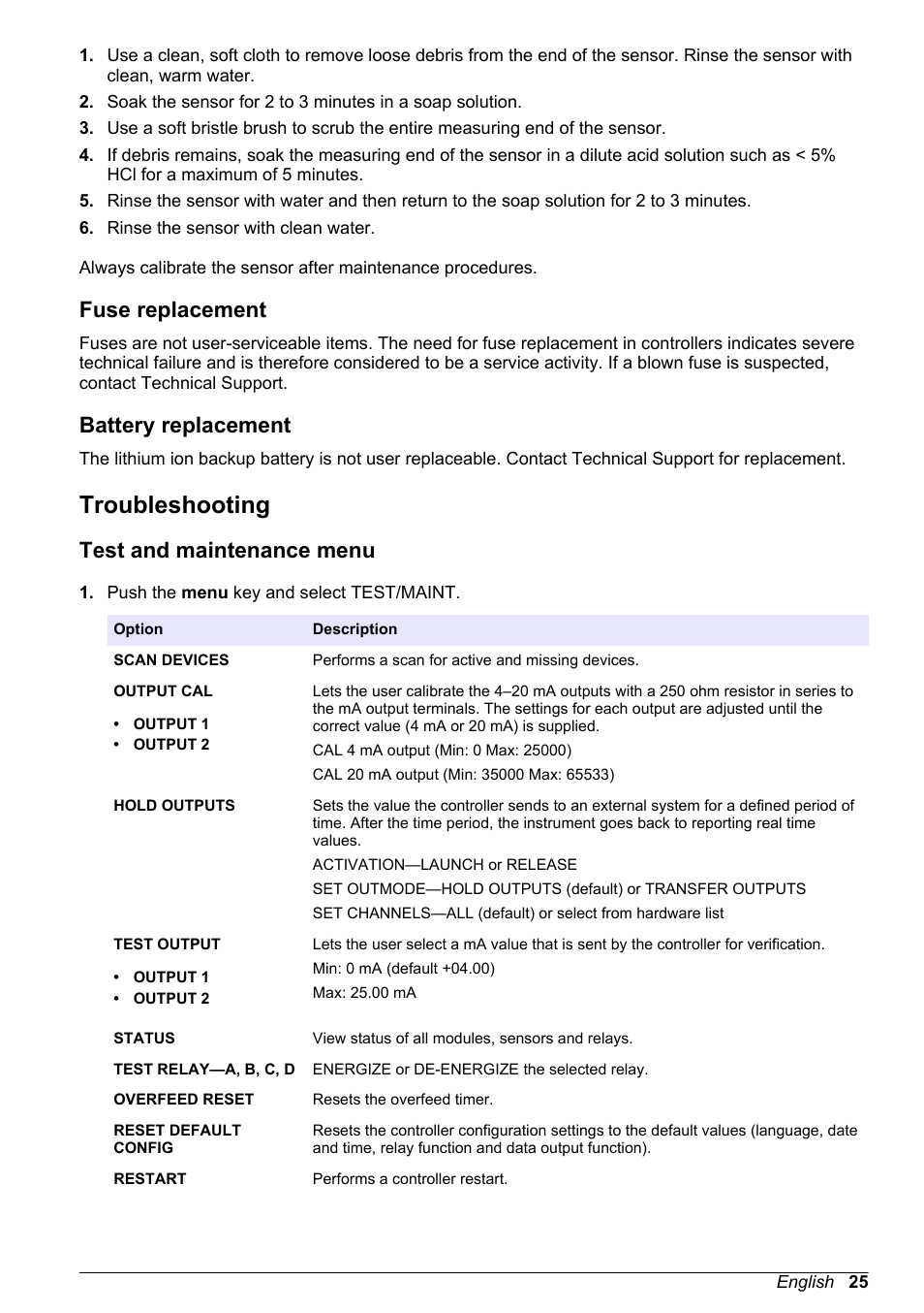 Fuse replacement, Battery replacement, Troubleshooting | Test and maintenance menu, Fuse replacement battery replacement | Hach-Lange POLYMETRON 9526 User Manual | Page 27 / 34