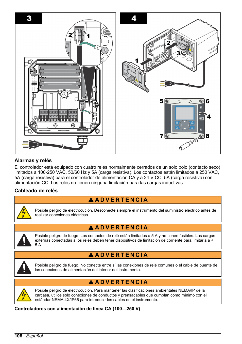 Alarmas y relés, Cableado de relés | Hach-Lange POLYMETRON 9523 Basic User Manual User Manual | Page 106 / 254