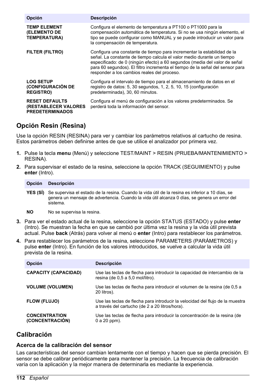 Opción resin (resina), Calibración, Acerca de la calibración del sensor | Hach-Lange POLYMETRON 9523 Basic User Manual User Manual | Page 112 / 254
