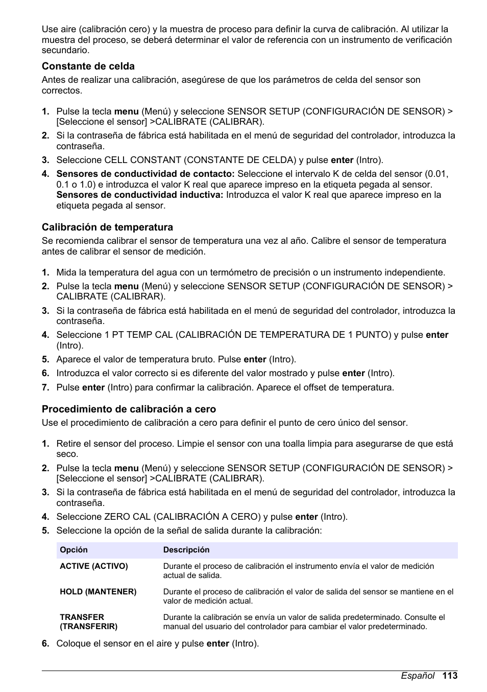 Constante de celda, Calibración de temperatura, Procedimiento de calibración a cero | Hach-Lange POLYMETRON 9523 Basic User Manual User Manual | Page 113 / 254