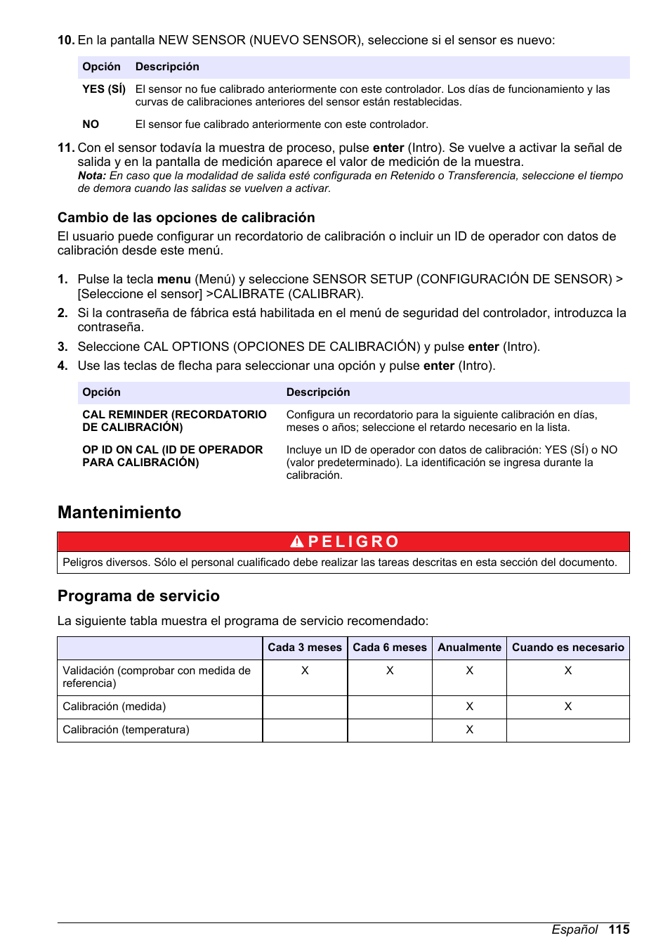 Cambio de las opciones de calibración, Mantenimiento, Programa de servicio | Cambio de las, Opciones de calibración | Hach-Lange POLYMETRON 9523 Basic User Manual User Manual | Page 115 / 254