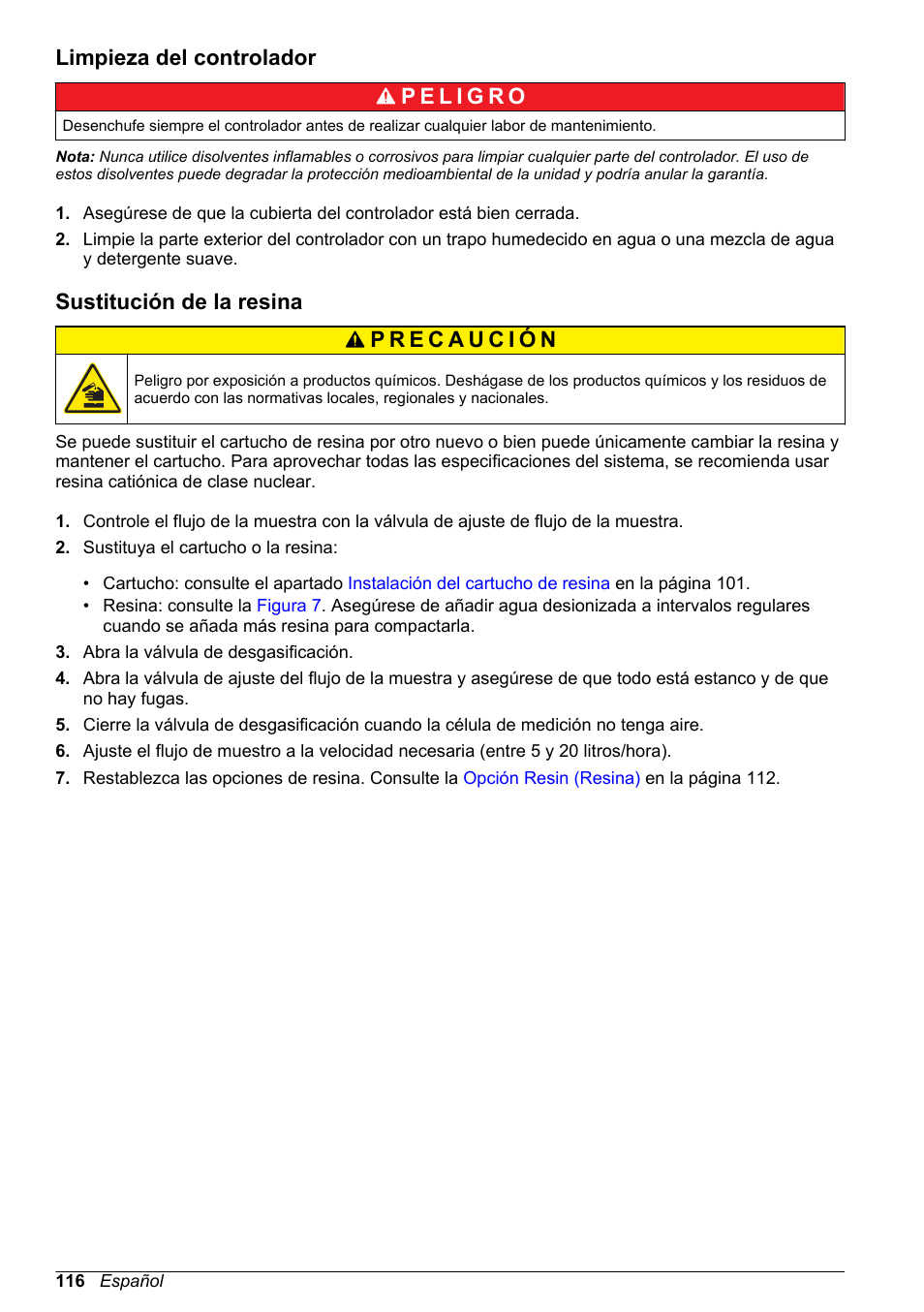 Limpieza del controlador, Sustitución de la resina | Hach-Lange POLYMETRON 9523 Basic User Manual User Manual | Page 116 / 254