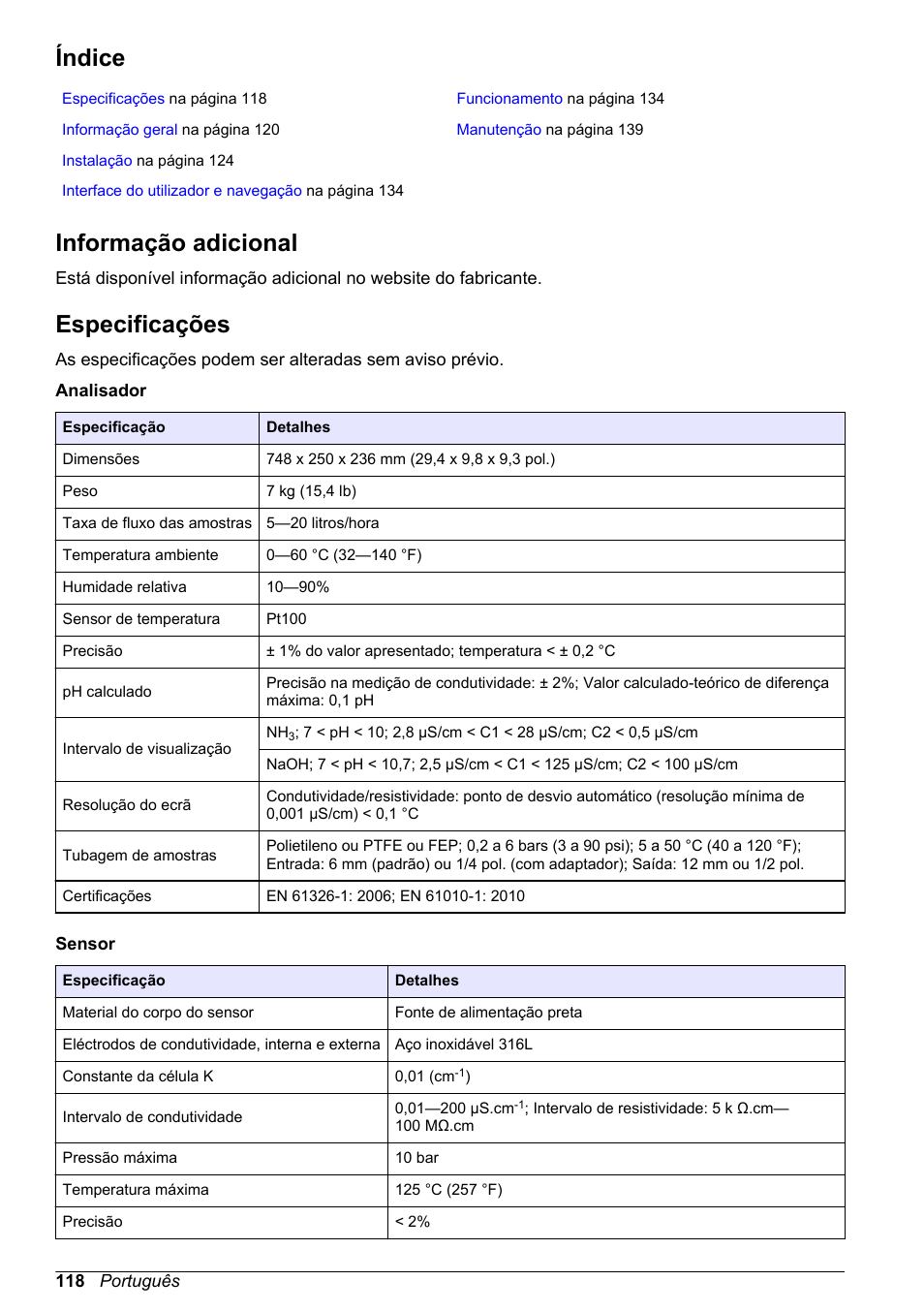 Manual de operações básicas, Índice, Informação adicional | Especificações, Português | Hach-Lange POLYMETRON 9523 Basic User Manual User Manual | Page 118 / 254