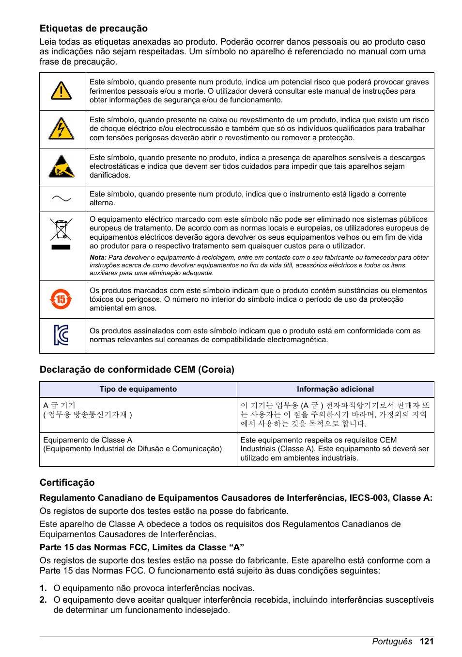 Etiquetas de precaução, Declaração de conformidade cem (coreia), Certificação | Hach-Lange POLYMETRON 9523 Basic User Manual User Manual | Page 121 / 254
