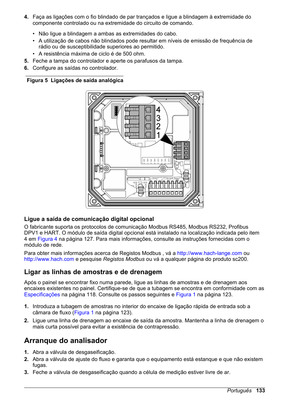 Ligue a saída de comunicação digital opcional, Ligar as linhas de amostras e de drenagem, Arranque do analisador | Figura 5, Nota | Hach-Lange POLYMETRON 9523 Basic User Manual User Manual | Page 133 / 254