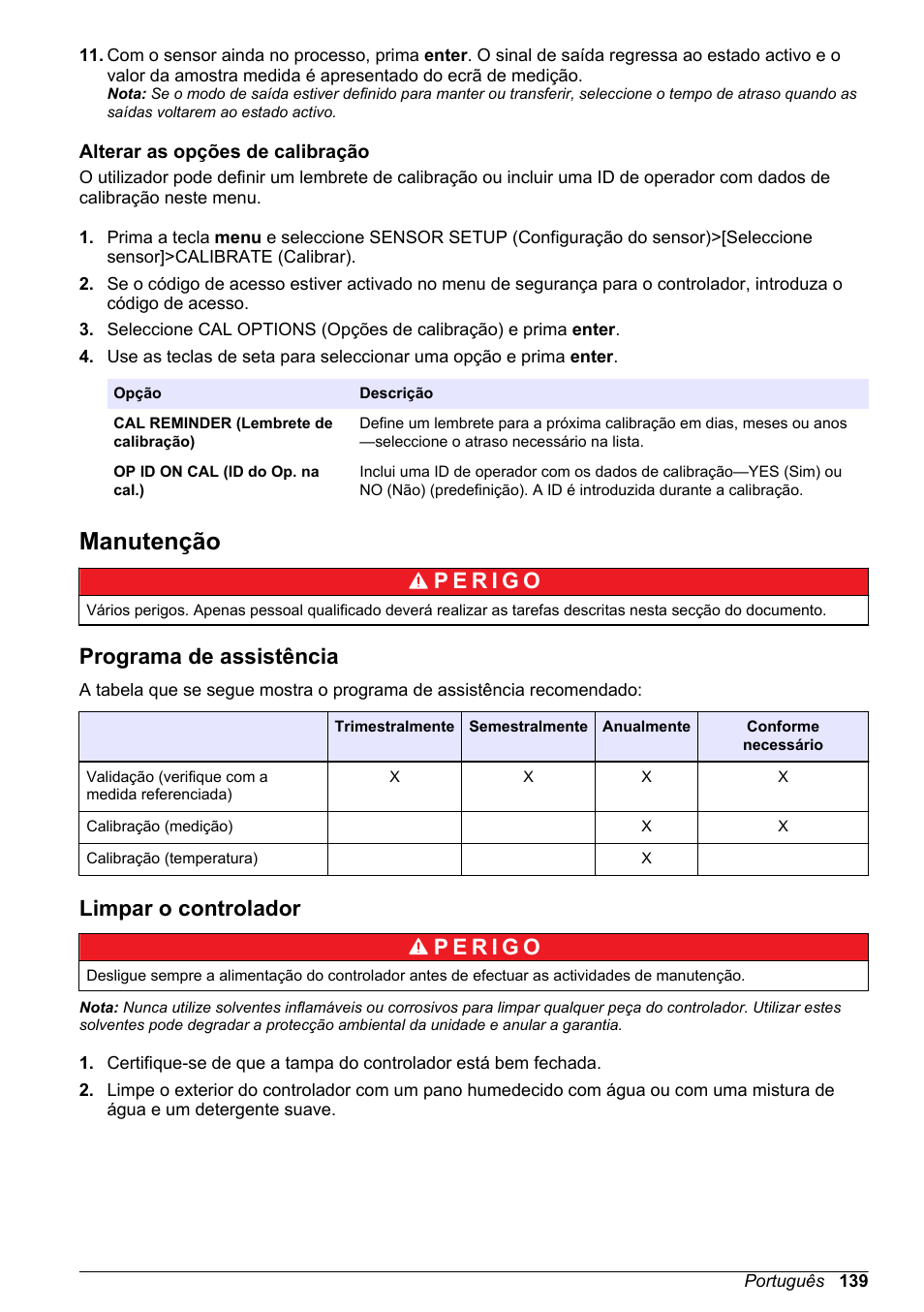 Alterar as opções de calibração, Manutenção, Programa de assistência | Limpar o controlador, Alterar as opções de, Calibração | Hach-Lange POLYMETRON 9523 Basic User Manual User Manual | Page 139 / 254