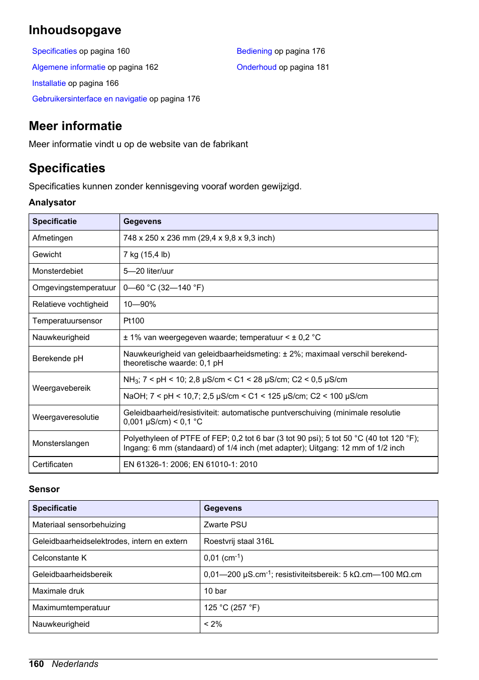 Basisgebruikershandleiding, Inhoudsopgave, Meer informatie | Specificaties, Nederlands | Hach-Lange POLYMETRON 9523 Basic User Manual User Manual | Page 160 / 254