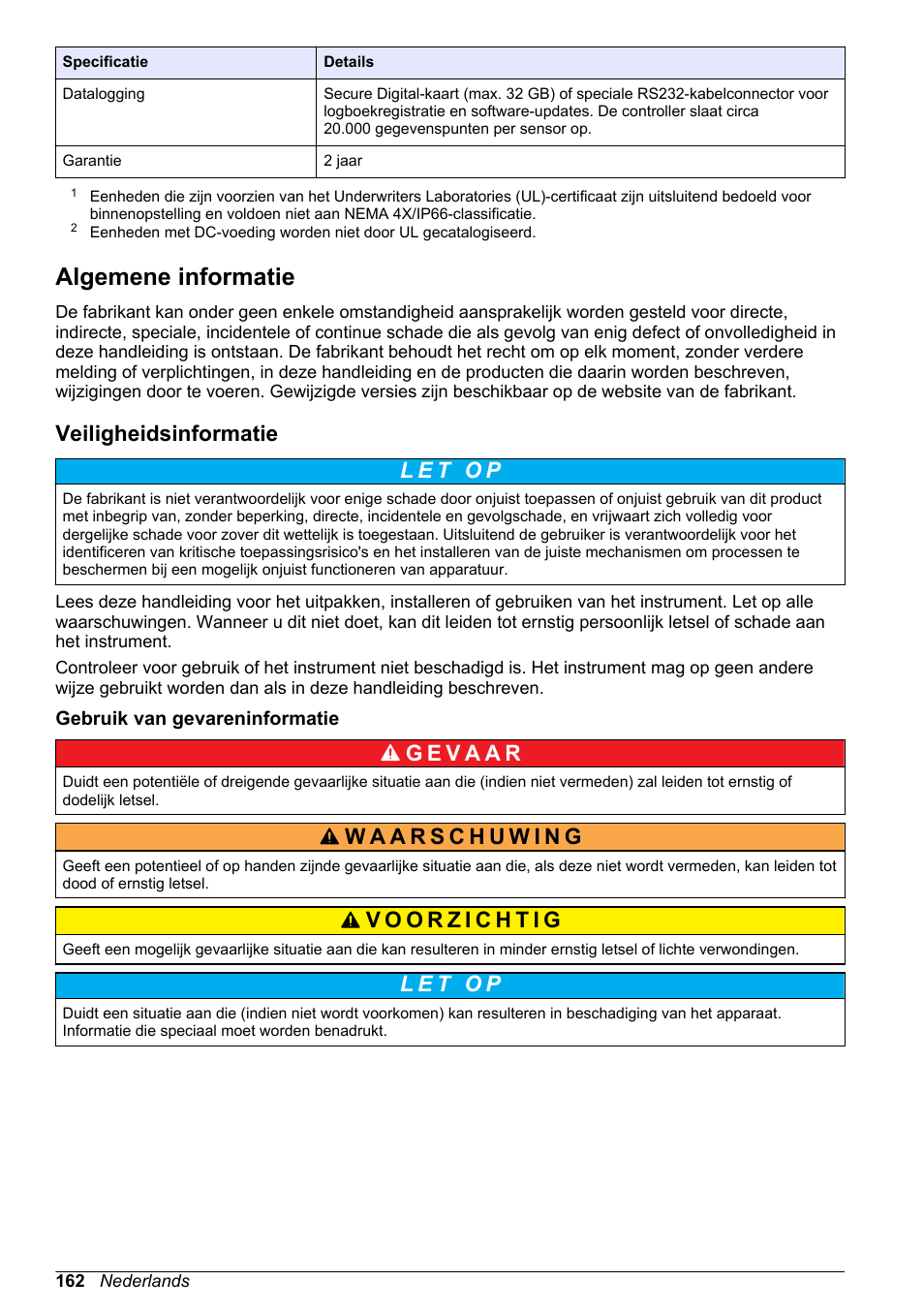 Algemene informatie, Veiligheidsinformatie, Gebruik van gevareninformatie | Hach-Lange POLYMETRON 9523 Basic User Manual User Manual | Page 162 / 254