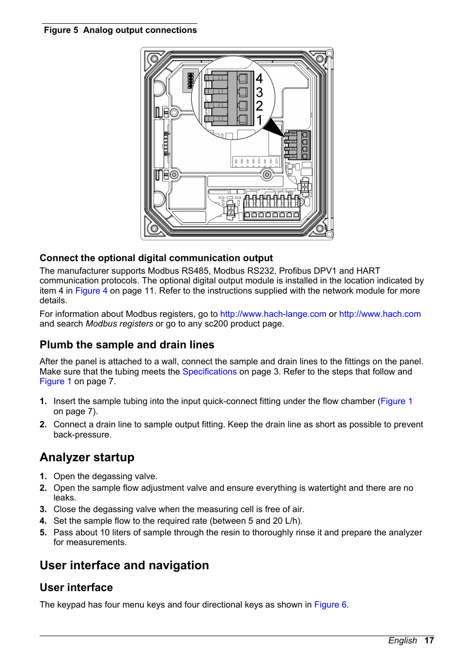 Connect the optional digital communication output, Plumb the sample and drain lines, Analyzer startup | User interface and navigation, User interface, Two isolated analog outputs (1 and 2) are provided, Figure 5, Note | Hach-Lange POLYMETRON 9523 Basic User Manual User Manual | Page 17 / 254