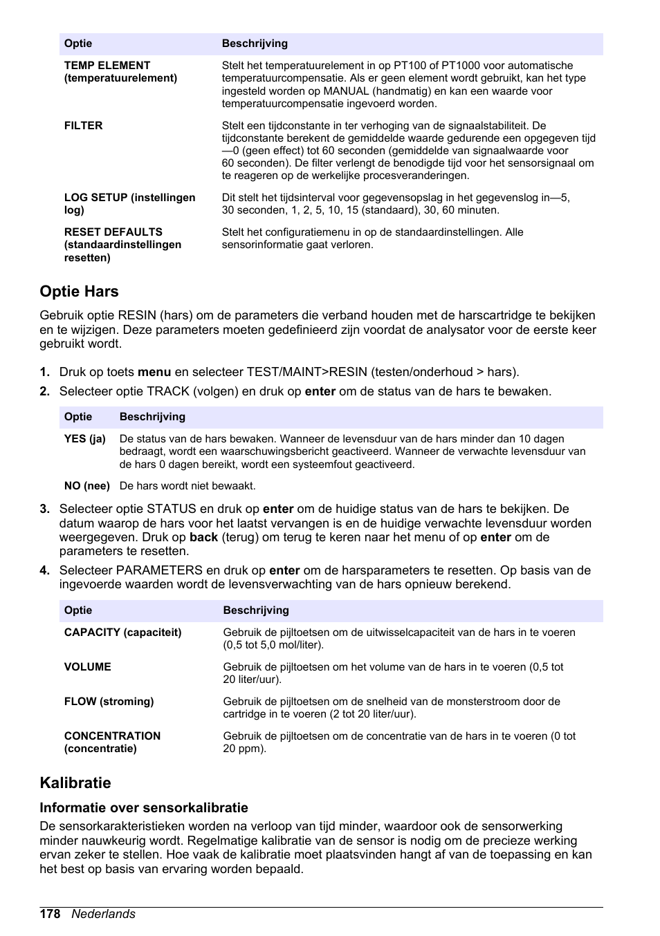 Optie hars, Kalibratie, Informatie over sensorkalibratie | Hach-Lange POLYMETRON 9523 Basic User Manual User Manual | Page 178 / 254