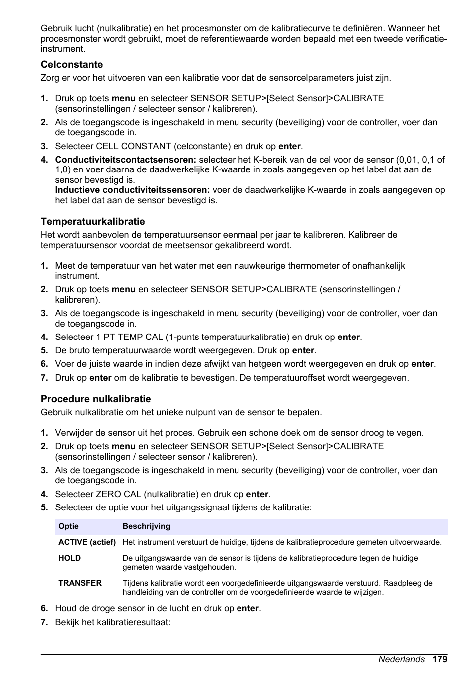 Celconstante, Temperatuurkalibratie, Procedure nulkalibratie | Hach-Lange POLYMETRON 9523 Basic User Manual User Manual | Page 179 / 254
