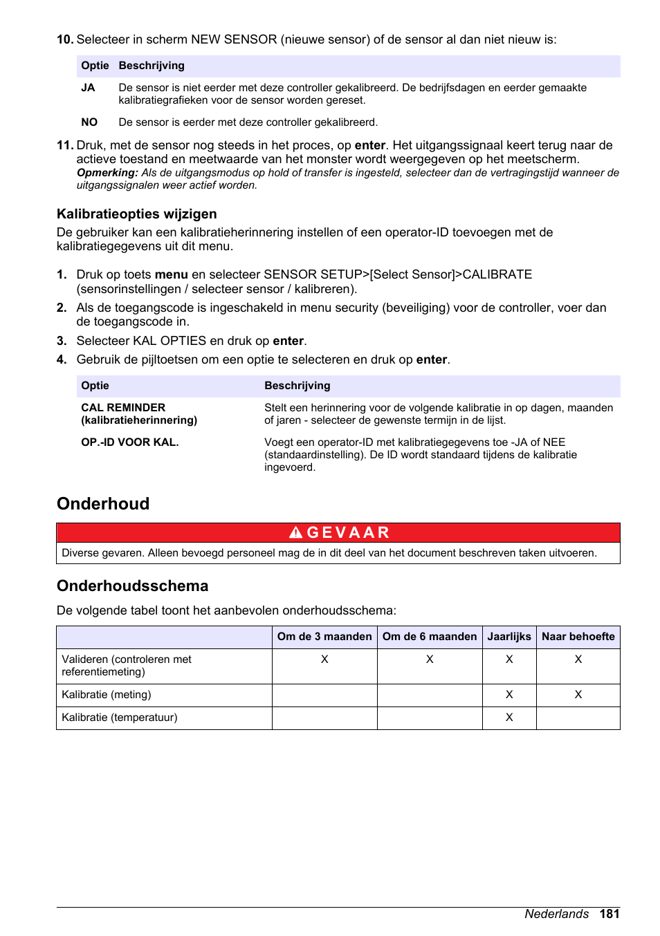 Kalibratieopties wijzigen, Onderhoud, Onderhoudsschema | Moet een gebruikers-id ingevoerd worden. raadpleeg | Hach-Lange POLYMETRON 9523 Basic User Manual User Manual | Page 181 / 254