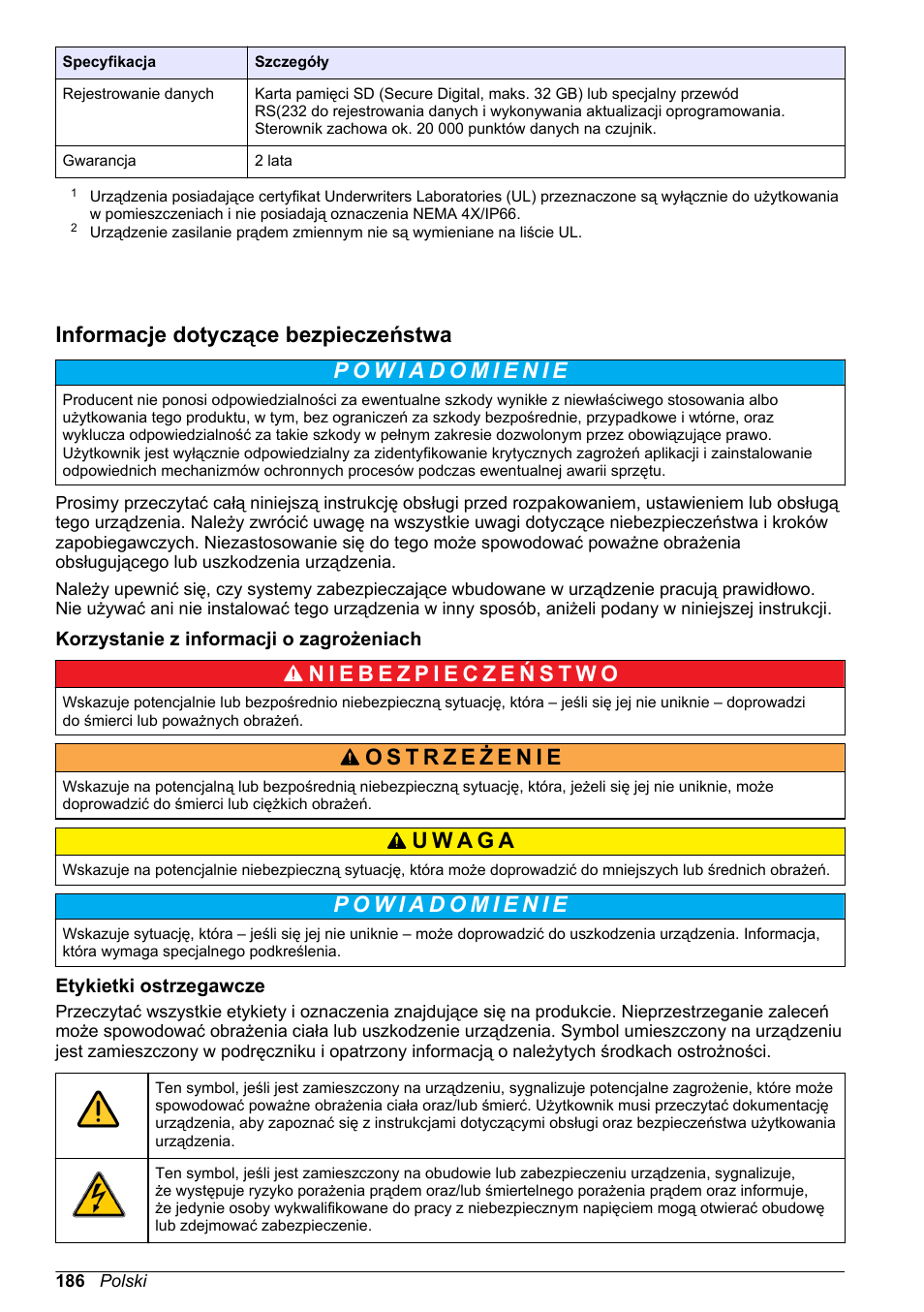 Informacje dotyczące bezpieczeństwa, Korzystanie z informacji o zagrożeniach, Etykietki ostrzegawcze | Hach-Lange POLYMETRON 9523 Basic User Manual User Manual | Page 186 / 254