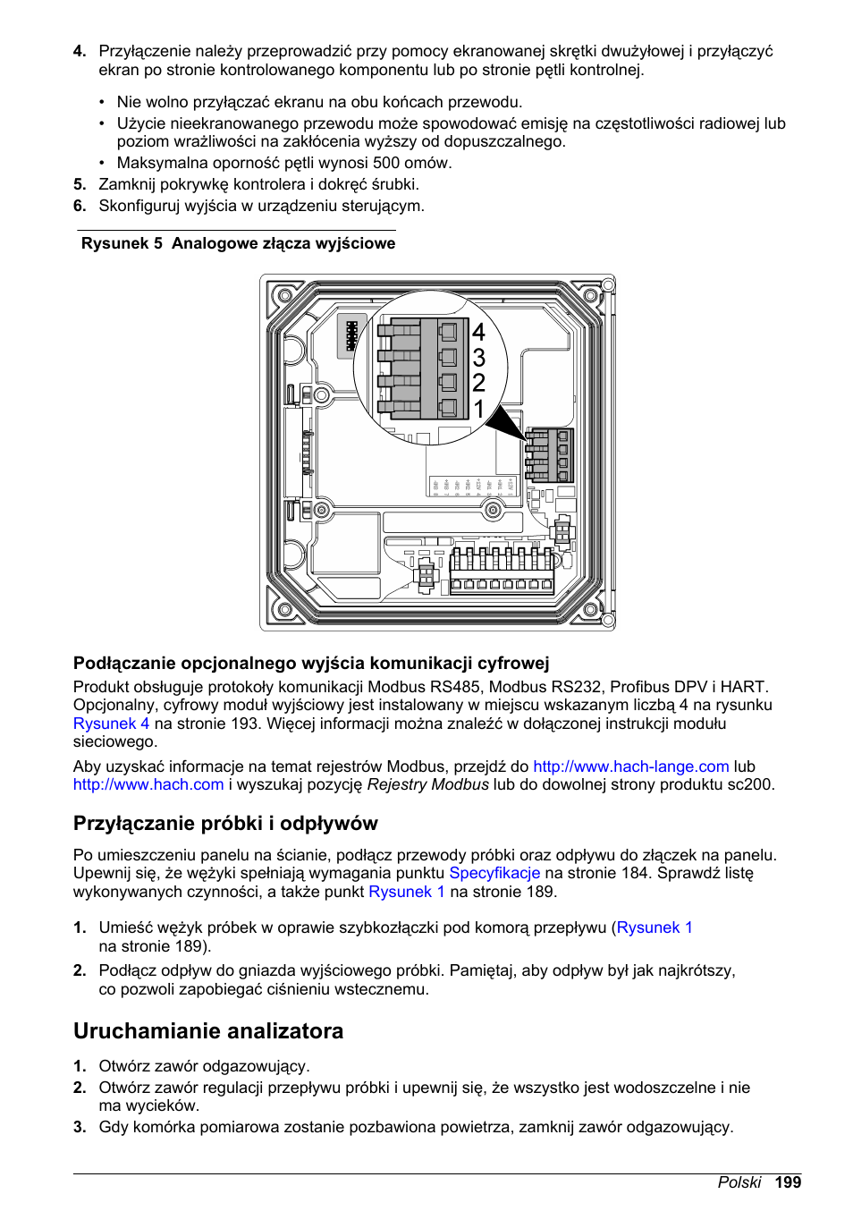 Przyłączanie próbki i odpływów, Uruchamianie analizatora, Rysunek 5 | Na rysunku | Hach-Lange POLYMETRON 9523 Basic User Manual User Manual | Page 199 / 254