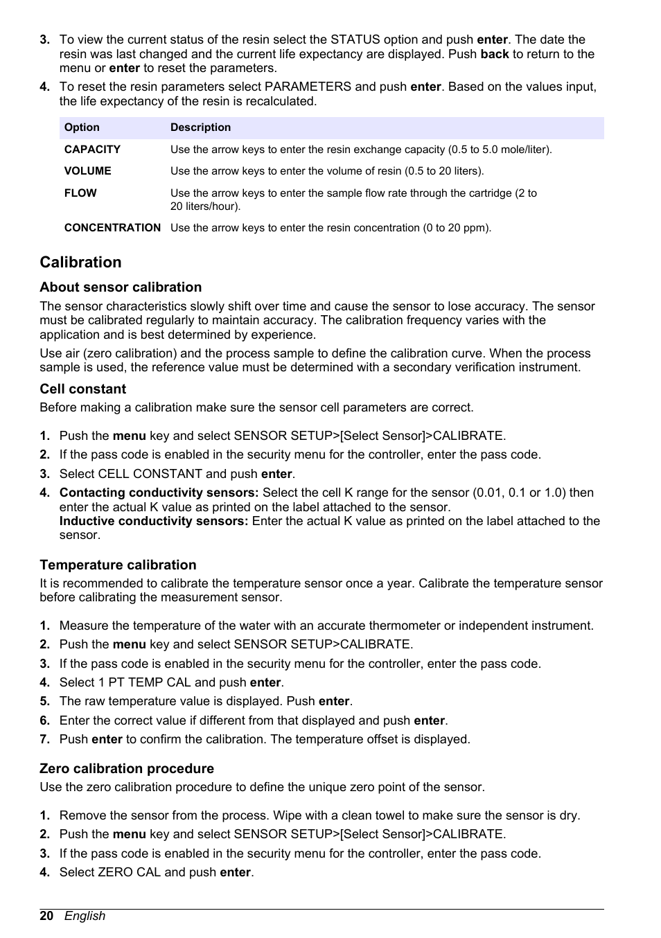 Calibration, About sensor calibration, Cell constant | Temperature calibration, Zero calibration procedure | Hach-Lange POLYMETRON 9523 Basic User Manual User Manual | Page 20 / 254