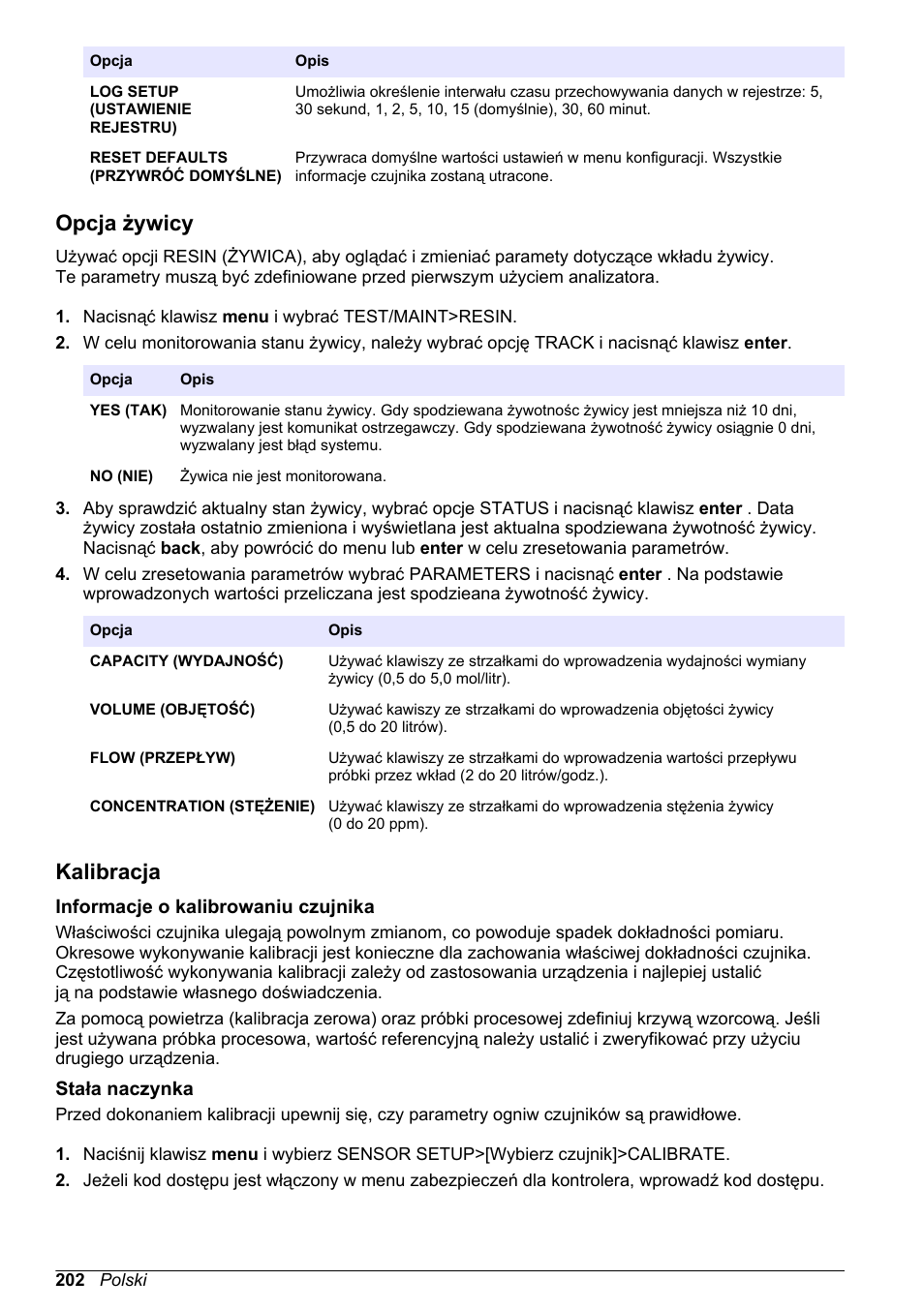 Opcja żywicy, Kalibracja, Informacje o kalibrowaniu czujnika | Stała naczynka | Hach-Lange POLYMETRON 9523 Basic User Manual User Manual | Page 202 / 254