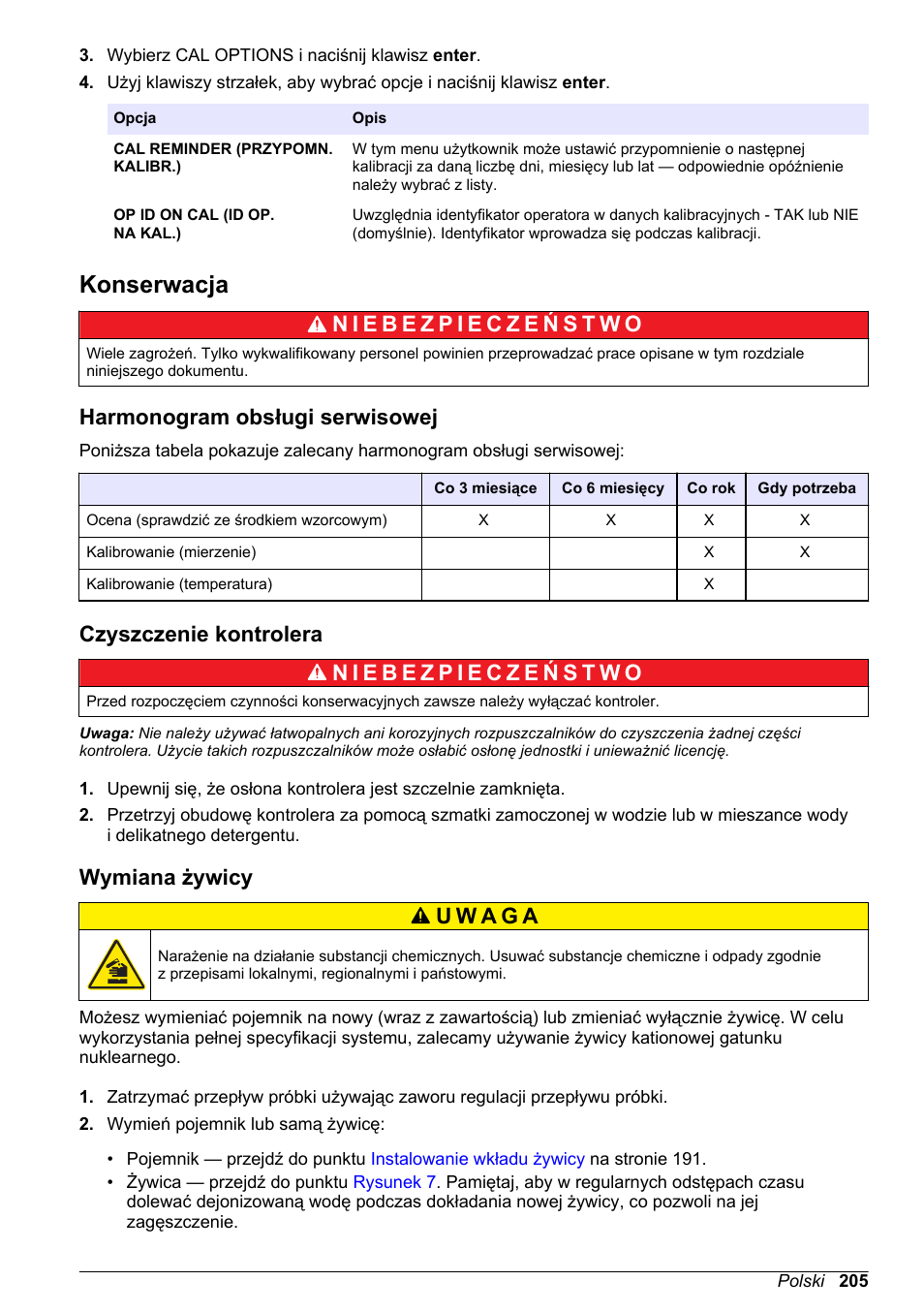 Konserwacja, Harmonogram obsługi serwisowej, Czyszczenie kontrolera | Wymiana żywicy | Hach-Lange POLYMETRON 9523 Basic User Manual User Manual | Page 205 / 254