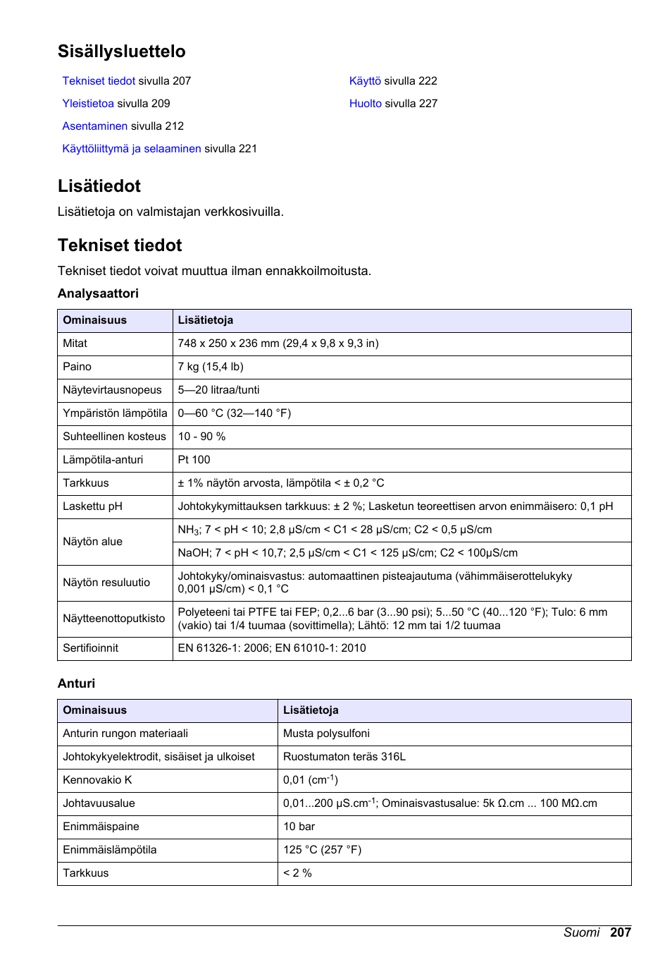 Peruskäyttöohje, Sisällysluettelo, Lisätiedot | Tekniset tiedot, Suomi | Hach-Lange POLYMETRON 9523 Basic User Manual User Manual | Page 207 / 254