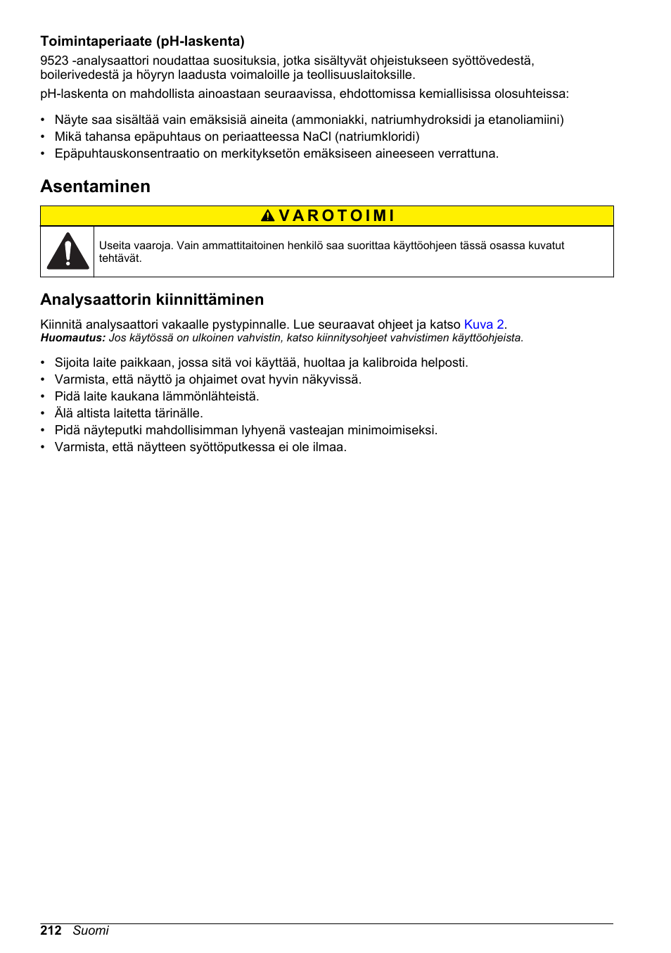 Toimintaperiaate (ph-laskenta), Asentaminen, Analysaattorin kiinnittäminen | Hach-Lange POLYMETRON 9523 Basic User Manual User Manual | Page 212 / 254