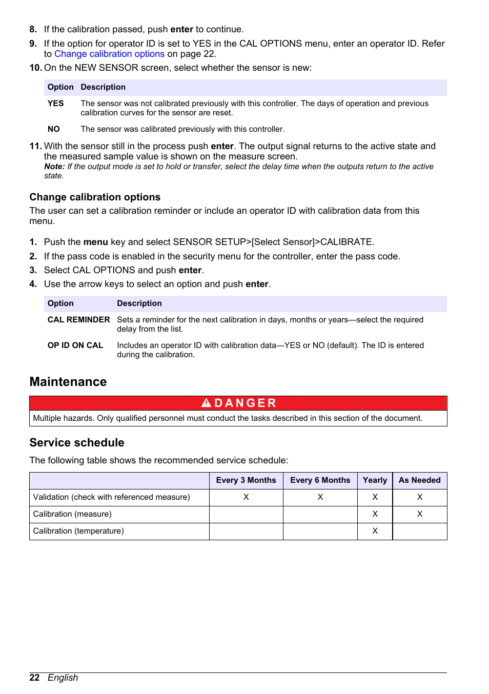 Change calibration options, Maintenance, Service schedule | Hach-Lange POLYMETRON 9523 Basic User Manual User Manual | Page 22 / 254