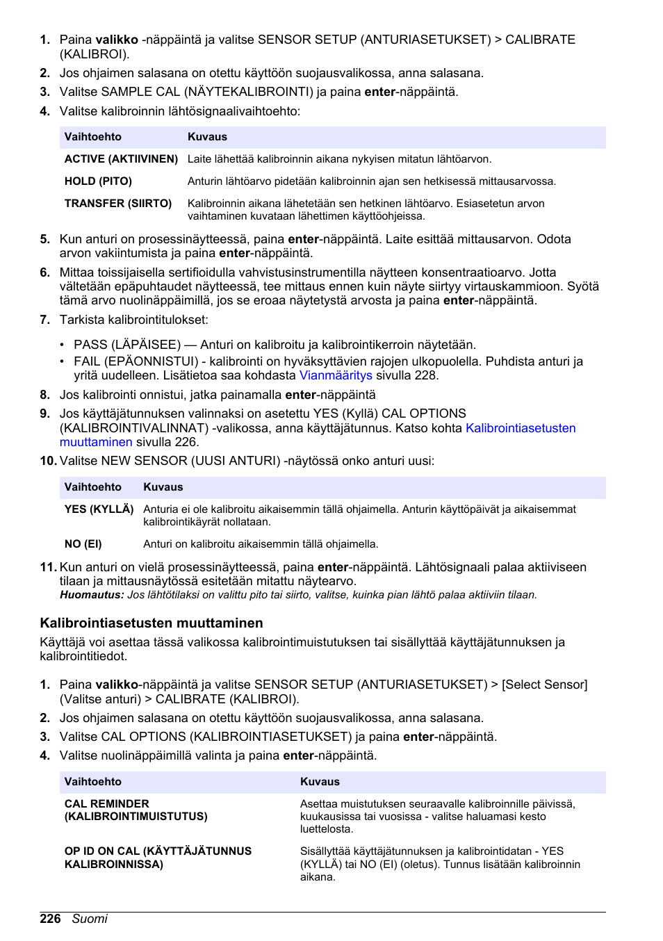 Kalibrointiasetusten muuttaminen, Kalibrointiasetusten, Muuttaminen | Hach-Lange POLYMETRON 9523 Basic User Manual User Manual | Page 226 / 254