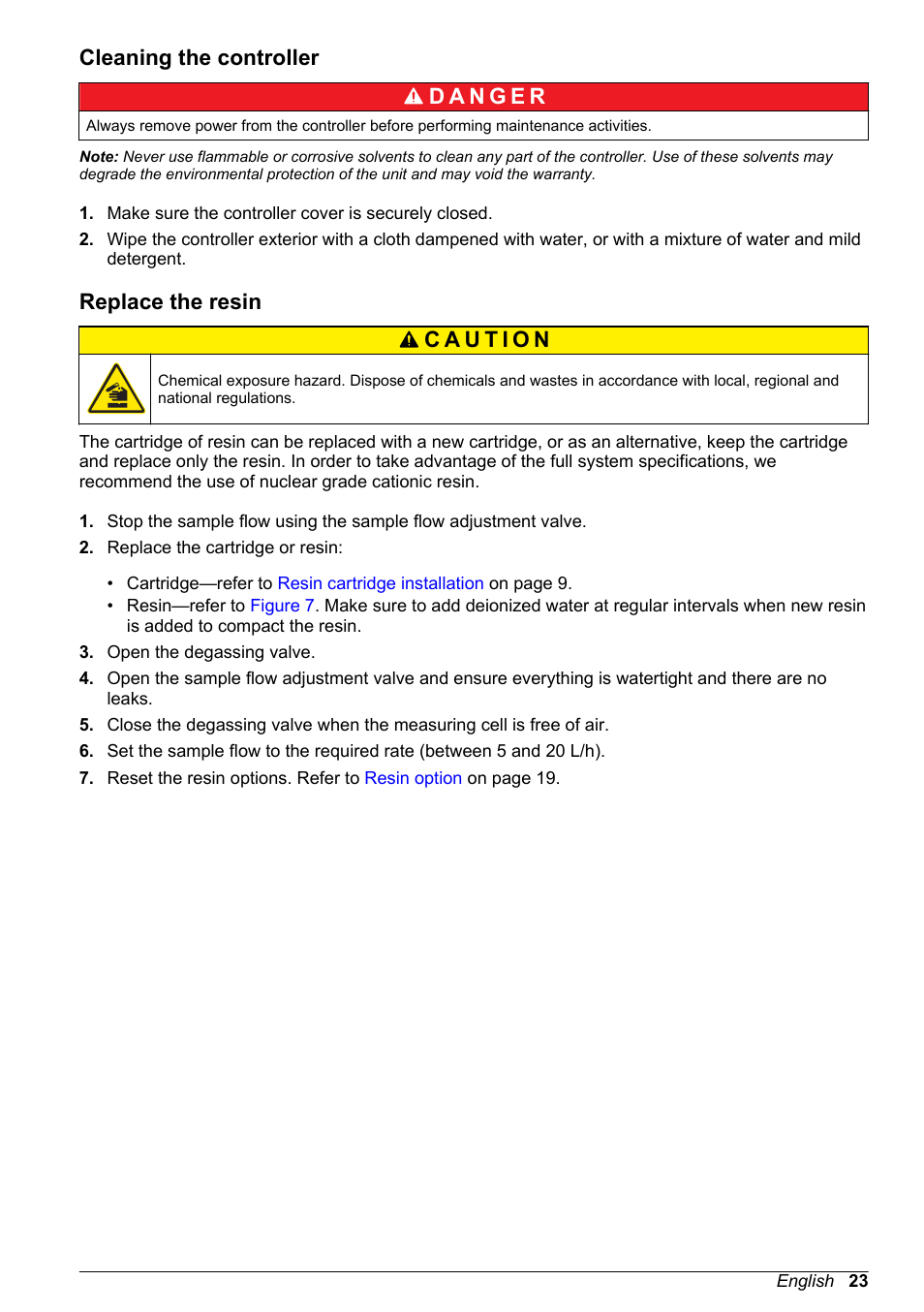 Cleaning the controller, Replace the resin | Hach-Lange POLYMETRON 9523 Basic User Manual User Manual | Page 23 / 254