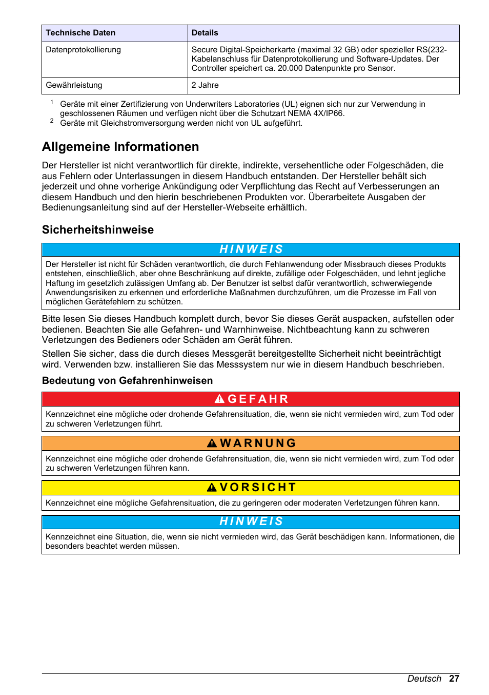 Allgemeine informationen, Sicherheitshinweise, Bedeutung von gefahrenhinweisen | Auf seite 27 | Hach-Lange POLYMETRON 9523 Basic User Manual User Manual | Page 27 / 254