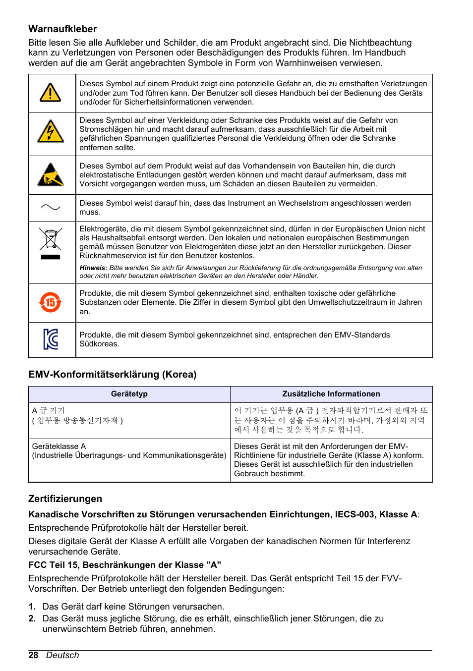 Warnaufkleber, Emv-konformitätserklärung (korea), Zertifizierungen | Hach-Lange POLYMETRON 9523 Basic User Manual User Manual | Page 28 / 254