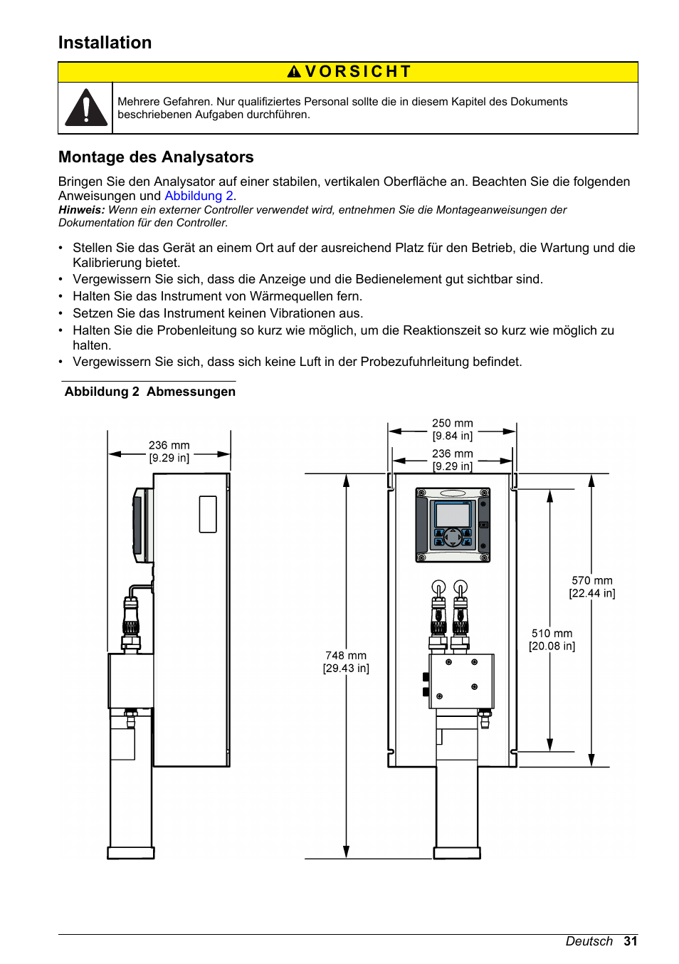 Installation, Montage des analysators, Auf seite 31 | Hach-Lange POLYMETRON 9523 Basic User Manual User Manual | Page 31 / 254