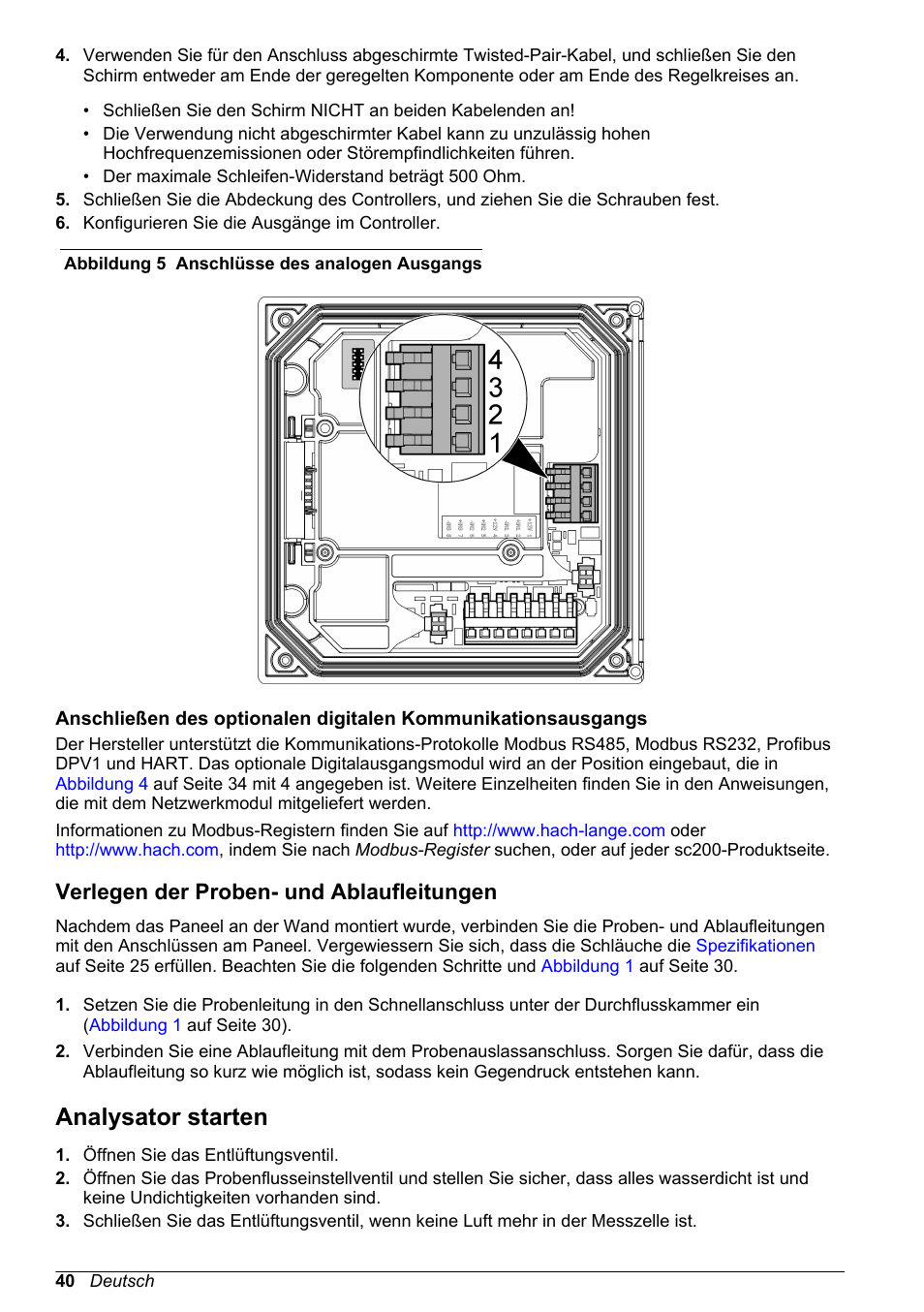 Verlegen der proben- und ablaufleitungen, Analysator starten, Abbildung 5 | Solche ausgänge | Hach-Lange POLYMETRON 9523 Basic User Manual User Manual | Page 40 / 254