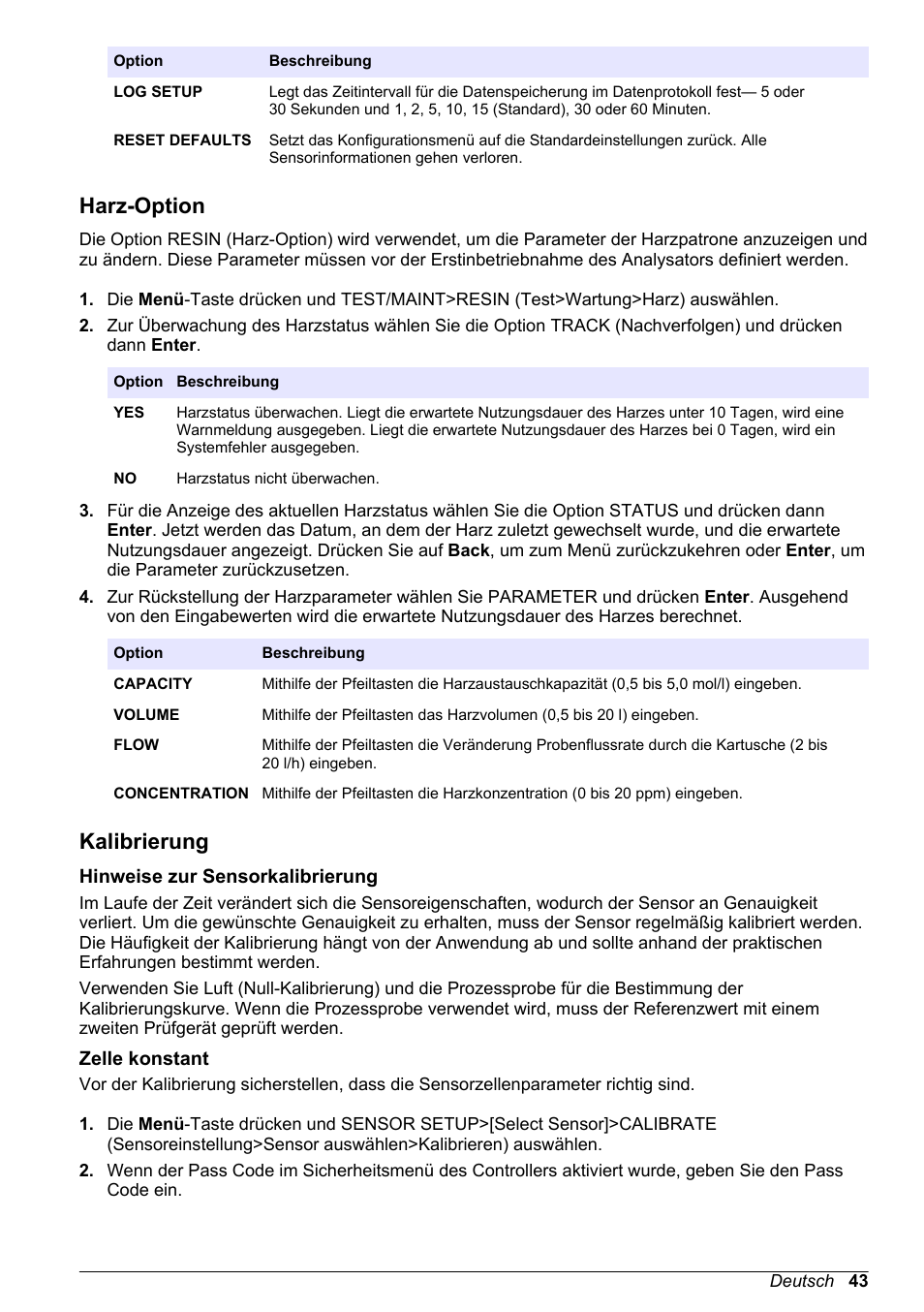 Harz-option, Kalibrierung, Hinweise zur sensorkalibrierung | Zelle konstant | Hach-Lange POLYMETRON 9523 Basic User Manual User Manual | Page 43 / 254