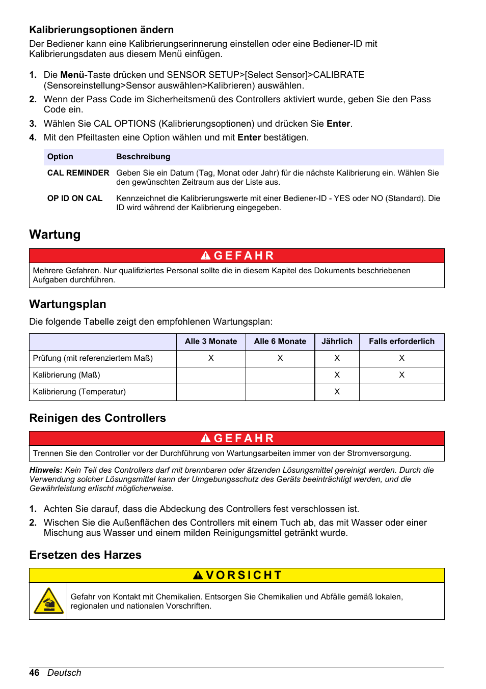 Kalibrierungsoptionen ändern, Wartung, Wartungsplan | Reinigen des controllers, Ersetzen des harzes, Auf seite 46 | Hach-Lange POLYMETRON 9523 Basic User Manual User Manual | Page 46 / 254