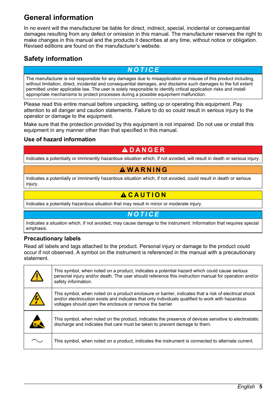 General information, Safety information, Use of hazard information | Precautionary labels | Hach-Lange POLYMETRON 9523 Basic User Manual User Manual | Page 5 / 254