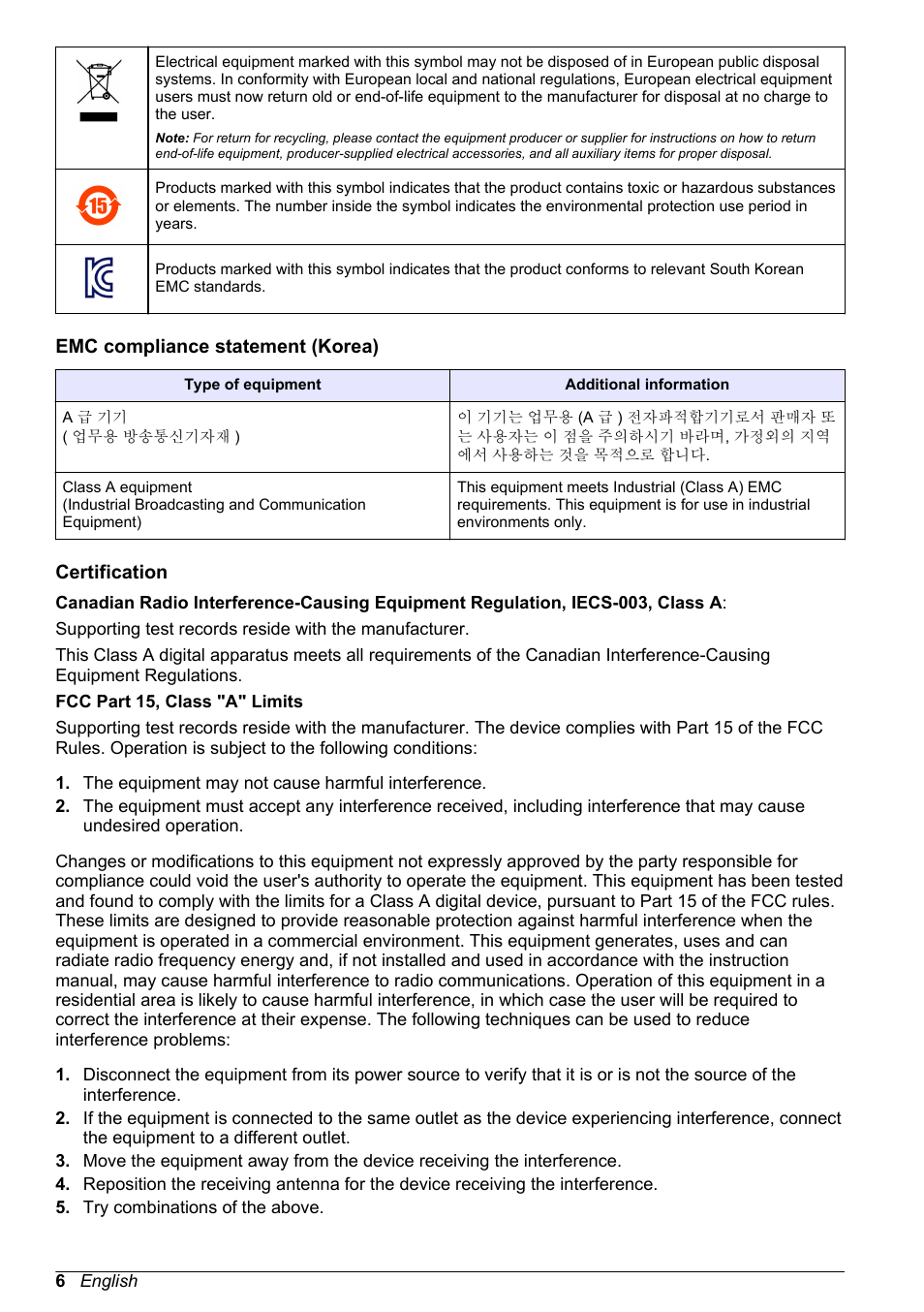 Emc compliance statement (korea), Certification | Hach-Lange POLYMETRON 9523 Basic User Manual User Manual | Page 6 / 254