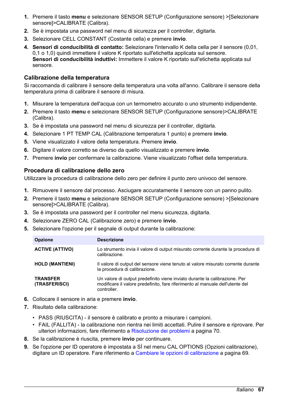 Calibrazione della temperatura, Procedura di calibrazione dello zero | Hach-Lange POLYMETRON 9523 Basic User Manual User Manual | Page 67 / 254