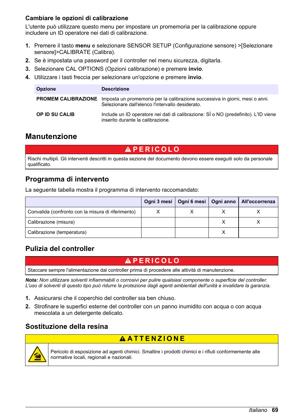 Cambiare le opzioni di calibrazione, Manutenzione, Programma di intervento | Pulizia del controller, Sostituzione della resina, Digitare un id operatore. fare riferimento a | Hach-Lange POLYMETRON 9523 Basic User Manual User Manual | Page 69 / 254